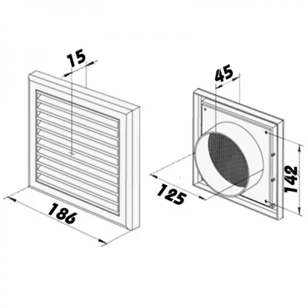 PVC větrací mřížka se síťkou, pevnou žaluzií 186x186 mm a přírubou Ø 125 mm, hnědá DALAP 8680