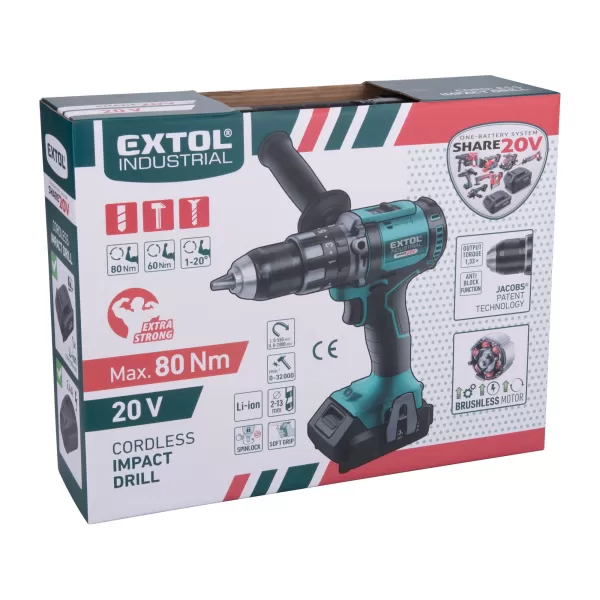 Aku vrtací šroubovák s příklepem 20V 1x2,0Ah SHARE20V BRUSHLESS EXTOL INDUSTRIAL 8791802
