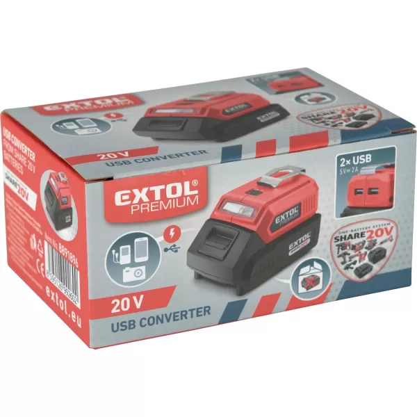 Nabíječka aku pro USB zařízení, se světlem, SHARE20V, bez aku, 5V/2A Extol Premium 8891896