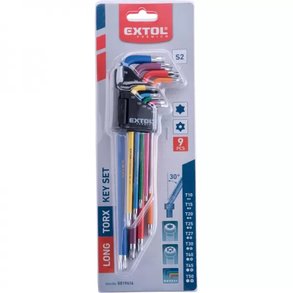L-klíče TORX prodloužené barevné, sada 9ks, s kuličkou, T10-50, S2 EXTOL PREMIUM 8819416