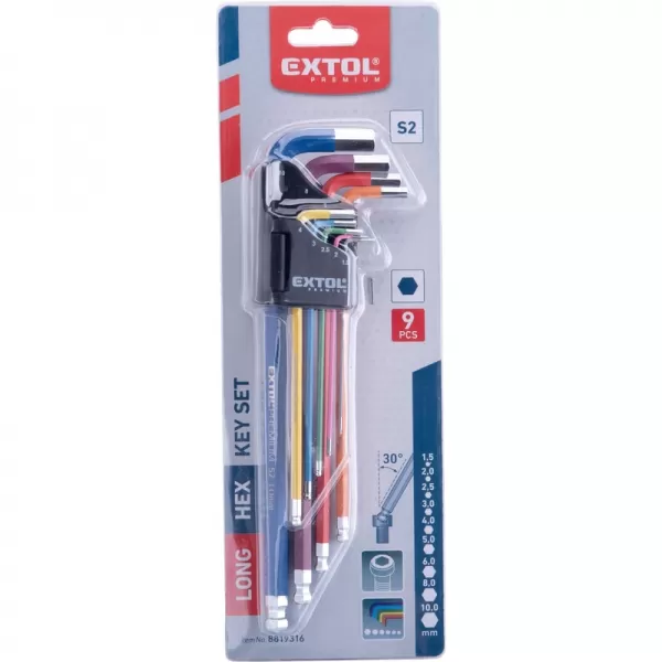 L-klíče IMBUS prodloužené barevné, sada 9ks, s kuličkou, 1,5-10mm Extol Premium 8819316