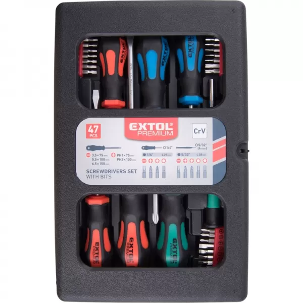 Šroubováky a hroty sada 47ks, 1/4" hroty a 4mm mini hroty, CrV Extol Premium 8819258
