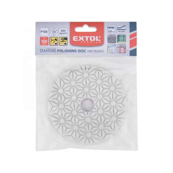 Kotouč diamantový leštící na obklady, 100mm, P100, suchý zip Extol Premium 8803092