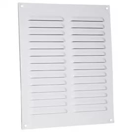 Kovová ventilační mřížka bez příruby s pevnou žaluzií a síťkou 195x245 mm, bílá DALAP 90244