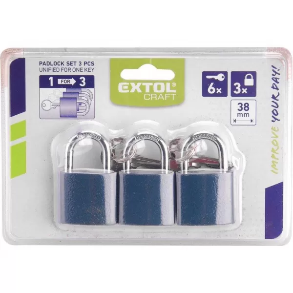 Zámky visací sjednocené na jeden klíč sada 3 kusů 6 klíčů EXTOL CRAFT 93101
