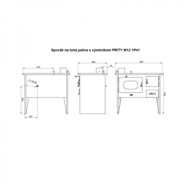 Sporák na tuhá paliva s teplovodním výměníkem PRITY W12 1P41, levá