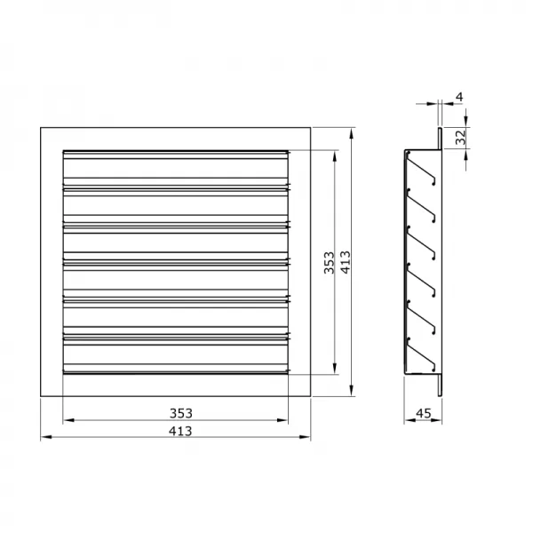 Hliníková větrací mřížka s pevnými lamelami 355x355 mm DALAP 9720