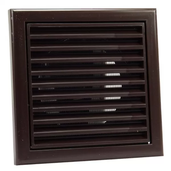 PVC větrací mřížka se síťkou, pevnou žaluzií 154x154 mm a přírubou O 100 mm, hnědá DALAP 9706