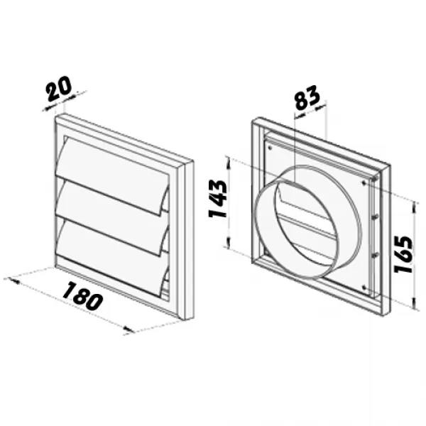 Větrací mřížka nerezová s přírubou a samotížnou žaluzií 180x180 mm, Ø 150 mm DALAP 99491