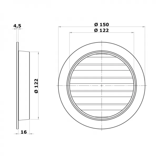 Kovová větrací mřížka Ø 125 mm s přírubou a síťkou proti hmyzu DALAP 99992