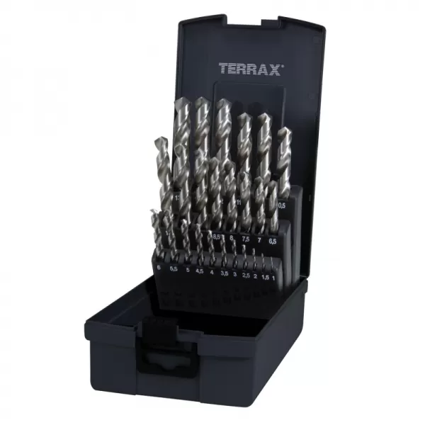 Sada vybrušovaných vrtáků do kovu Terrax HSS-G 25 dílů RUKO | 1-13 mm, plastový box