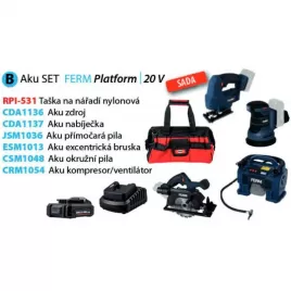 Aku sada nářadí B, taška RPI-531, přímočará pila JSM1036, excentrická bruska ESM1013, okružní pila CSM1048, kompresor CRM1054, z