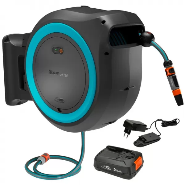 Aku nástěnný box na hadici PowerRoll XL 35 m, tyrkysový - 18V 1x2,5Ah Gardena 18640-20