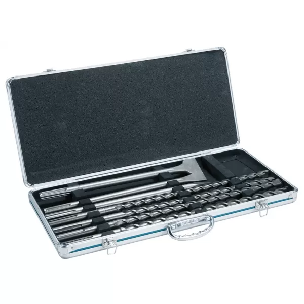 Sada sekáčů a vrtáků SDS-Max v Al kufru: vrtáky 18, 20, 22, 25x540mm, špičák + 2x plochý sekáč 25mm Makita D-42494