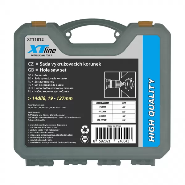 Sada vykružovacích korunek 14 dílů 19-127 mm, plastový box XTline XT11812