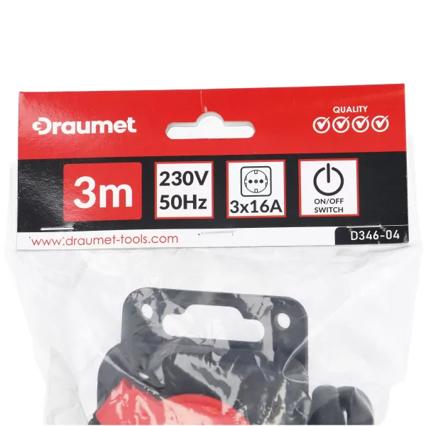 Kabel produžovací 3m, 3z, vypínač, ochrana Draumet D346-04