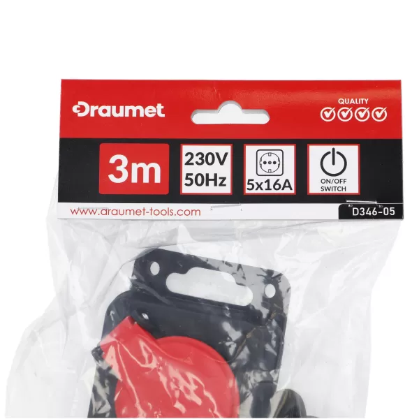 Kabel produžovací 3m, 5z, vypínač, ochrana Draumet D346-05