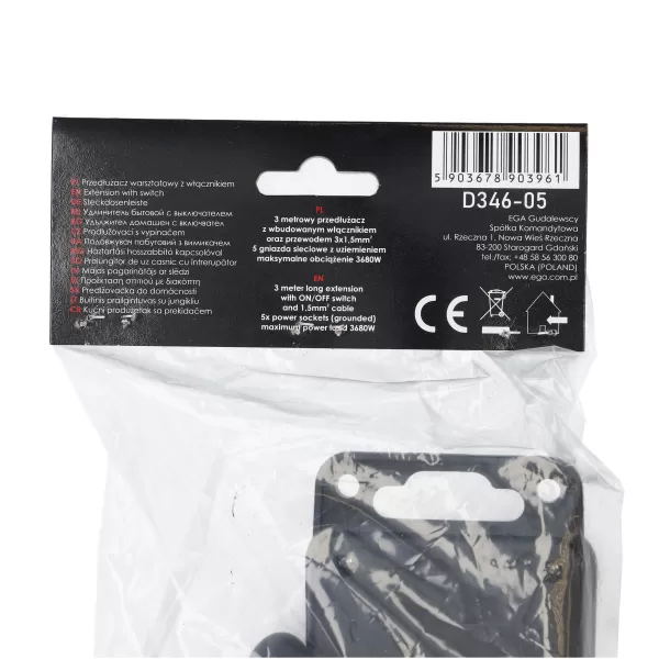 Kabel produžovací 3m, 5z, vypínač, ochrana Draumet D346-05