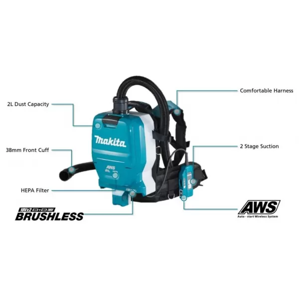 Aku zádový vysavač s AWS Li-Ion 2x18V bez aku Makita DVC265ZXU