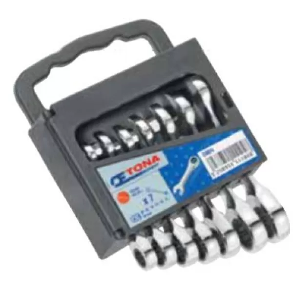 7dílná sada krátkých ráčnových očkoplochých klíčů 10-19 mm v plastovém držáku TONA Expert E111104T
