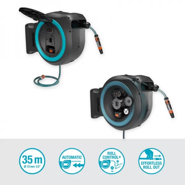 Aku nástěnný box na hadici PowerRoll XL 35 m, tyrkysový - 18V 1x2,5Ah Gardena 18640-20