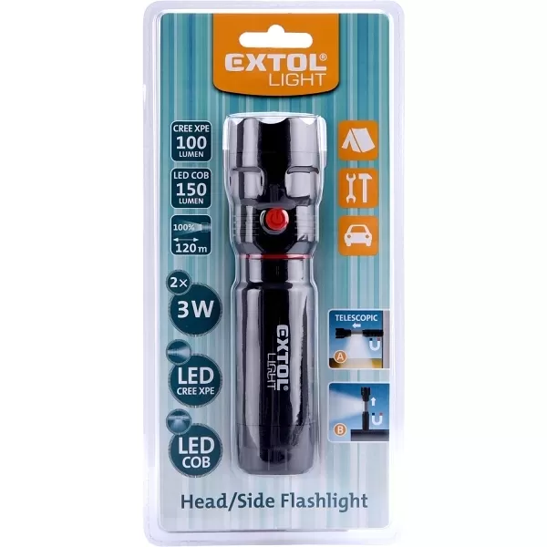 Svítilna 100lm CREE + 150lm COB s magnetem zoom 3W XPE LED EXTOL LIGHT 43117
