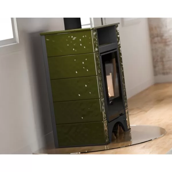 Kachlová kamna AQUAFLAM VARIO PERU 11/7kW, kachle zelená, elektronická regulace Flamingo HSF34-125