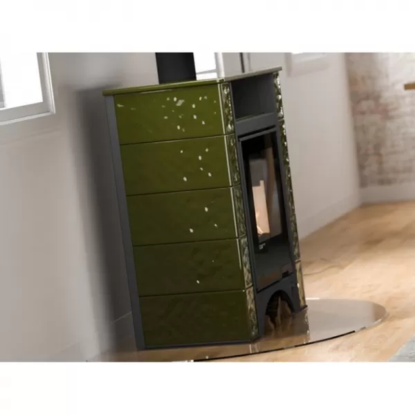 Kachlová kamna AQUAFLAM VARIO PERU 11/5kW, kachle zelená Flamingo HSF34-117