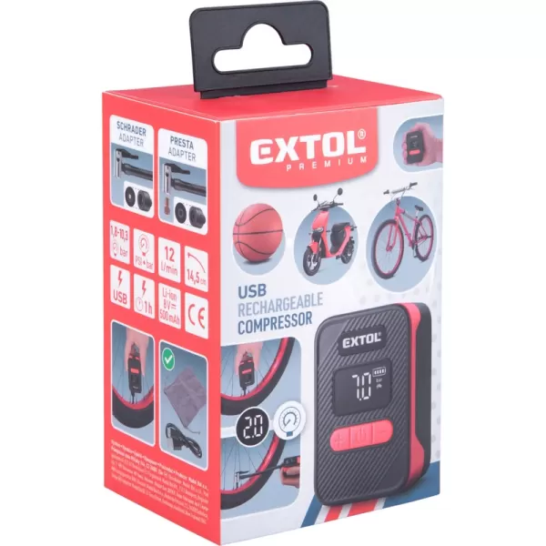 Aku kompresor 8V/0,5 Ah 10,3bar, USB nabíjení Extol Premium 8891512