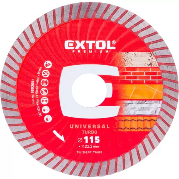 Kotouč diamantový řezný, turbo - suché i mokré řezání, 115x22,2x2mm Extol Premium 8803051