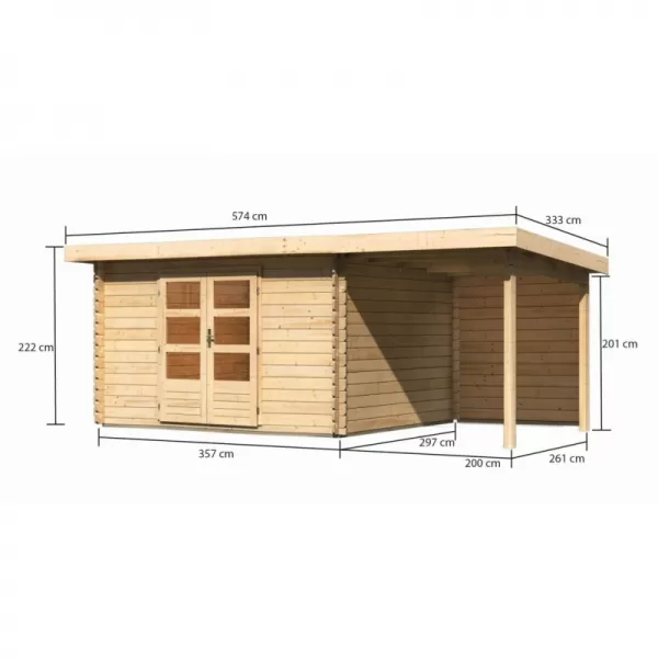Dřevěný domek KARIBU BASTRUP 7 + přístavek 200 cm včetně zadní stěny (9313) natur LG3022