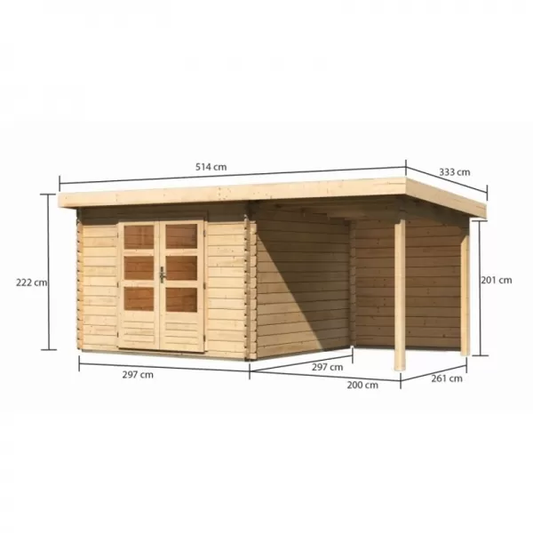 Dřevěný domek KARIBU BASTRUP 5 + přístavek 200 cm včetně zadní stěny (9309) natur LG3017