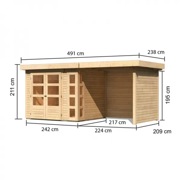 Dřevěný domek KARIBU KERKO 3 + přístavek 240 cm včetně zadní a boční stěny (82934) natur LG2956