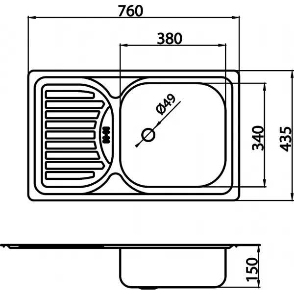 Dřez 43,5x76 s odkapem a přepadem nerez Novaservis DR43/76