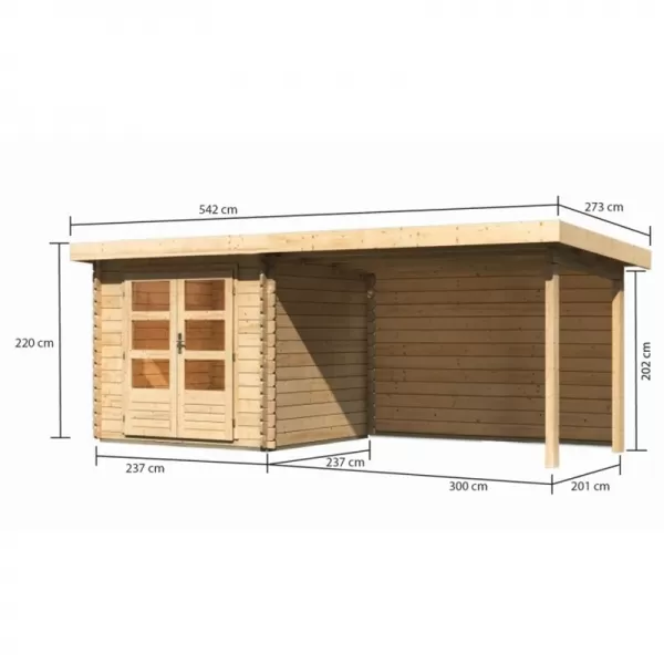 Dřevěný domek KARIBU BASTRUP 2 + přístavek 300 cm včetně zadní stěny (9301) natur LG2818