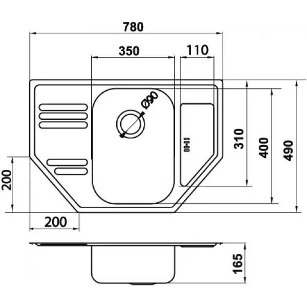 Dřez 49x78 rohový s odkapem a přepadem nerez Novaservis DR49/78R