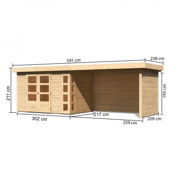 Dřevěný domek KARIBU KERKO 4 + přístavek 280 cm včetně zadní a boční stěny (82946) natur LG2979