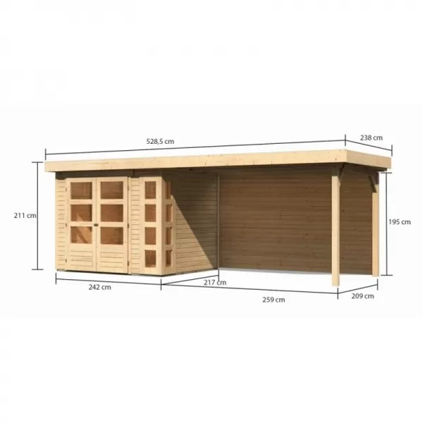 Dřevěný domek KARIBU KERKO 3 + přístavek 280 cm včetně zadní stěny (9187) natur LG2960