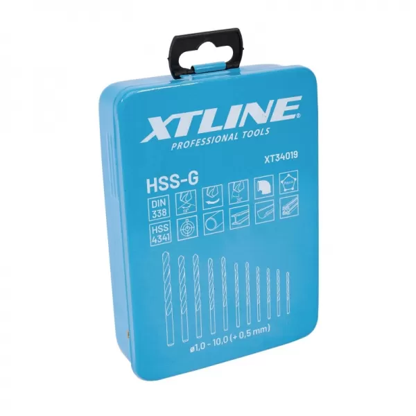 Sada vybrušovaných vrtáků do kovu HSS-G, 19 dílů 1-10 mm, kovový box Xtline XT34019
