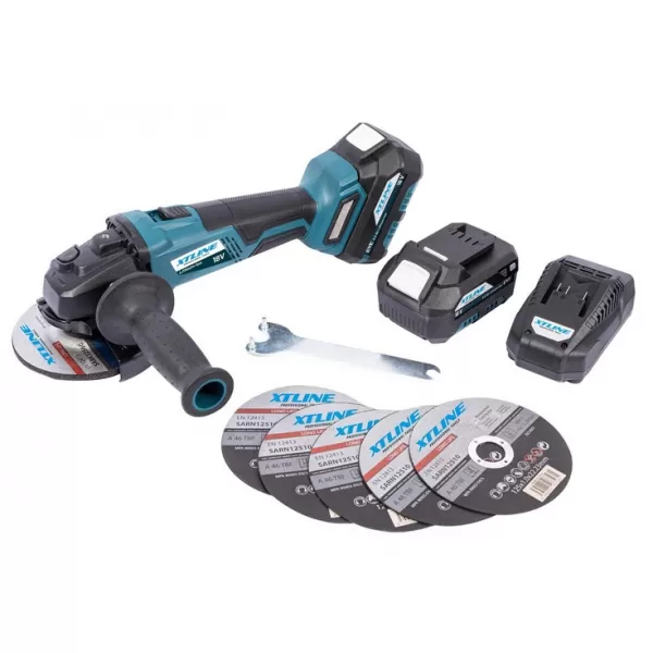 Aku úhlová bruska bezuhlíková 125 mm 18V 2x5,0Ah + nabíječka + box XTLine XT102835-2B5B