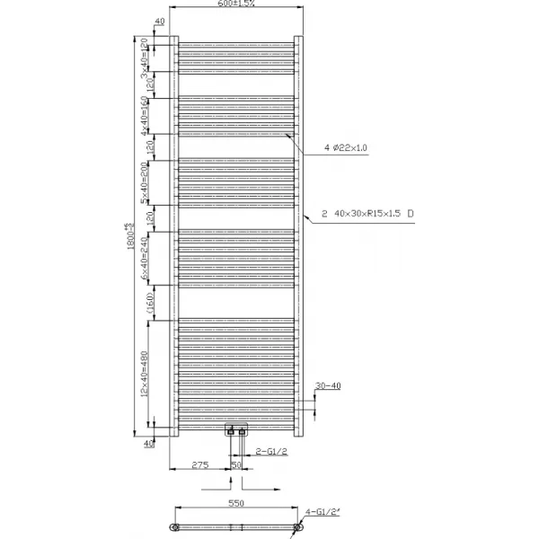 Otopné těleso chrom-rovné, středové připojení Novaservis 600/1800/RS,0
