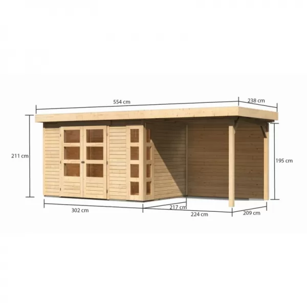 Dřevěný domek KARIBU KERKO 4 + přístavek 240 cm včetně zadní stěny (9189) natur LG2970