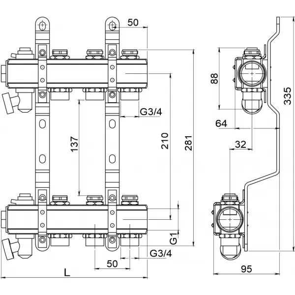 Rozdělovač s regulačními a mechanickými ventily 2 okruhy Novaservis RO02S