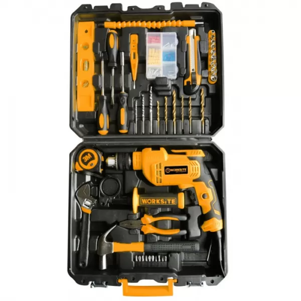 Elektrická vrtačka v kufru + set ručního nářadí WORKSITE EID448-KIT