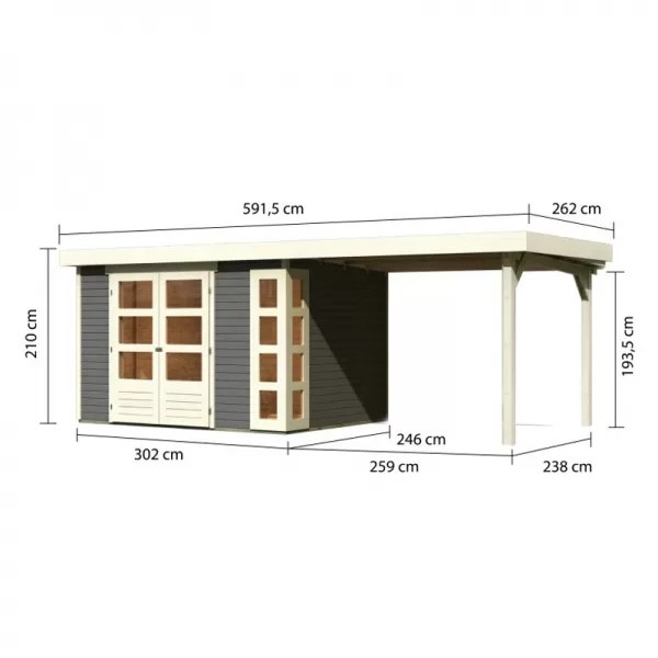 Dřevěný domek KARIBU KERKO 5 + přístavek 280 cm (9203) šedý LG2990