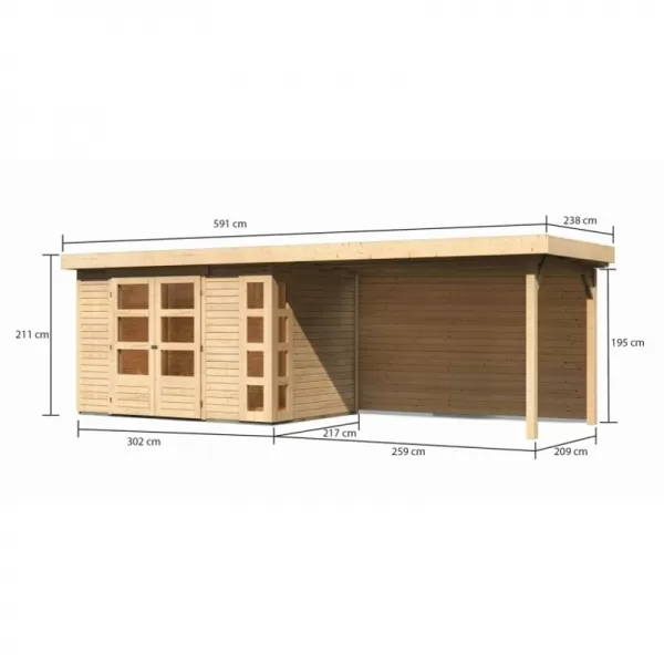 Dřevěný domek KARIBU KERKO 4 + přístavek 280 cm včetně zadní stěny (9191) natur LG2977