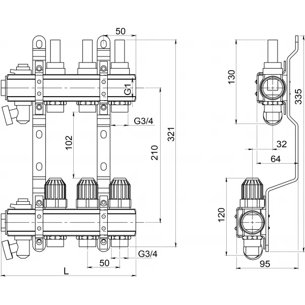 Rozdělovač s regulačním šroubením s průtokoměry a uzavíracími ventily bez kul. Novaservis RZP12S