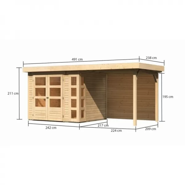 Dřevěný domek KARIBU KERKO 3 + přístavek 240 cm včetně zadní stěny (9185) natur LG2954