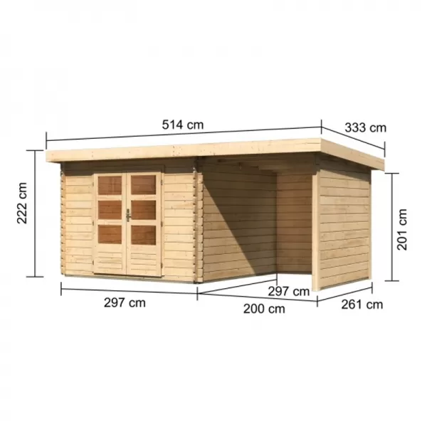 Dřevěný domek KARIBU BASTRUP 5 + přístavek 200 cm včetně zadní a boční stěny (73994) natur LG3018