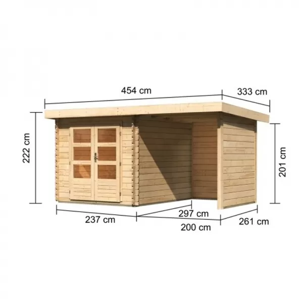 Dřevěný domek KARIBU BASTRUP 4 + přístavek 200 cm včetně zadní a boční stěny (77937) natur LG3014